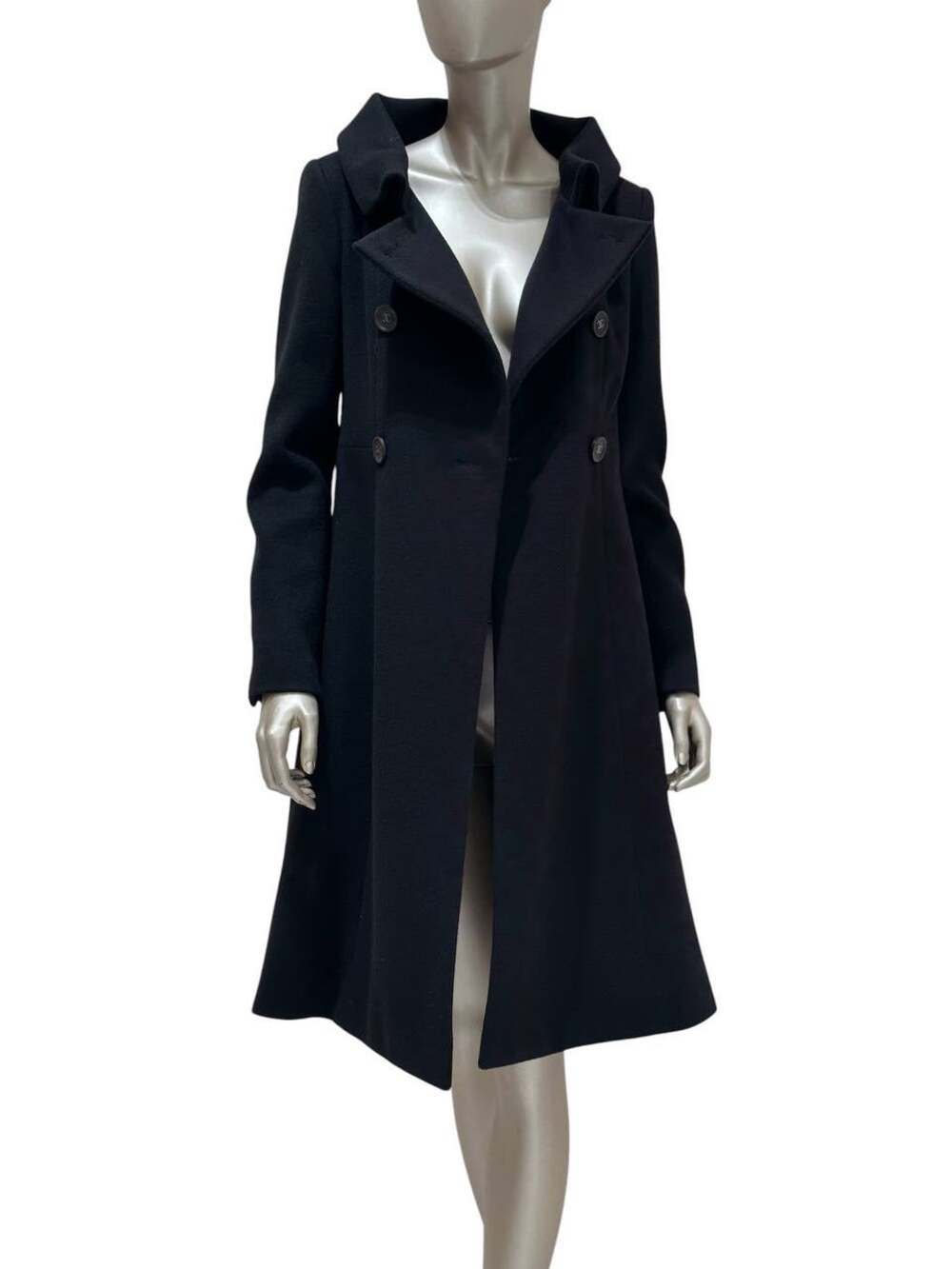 CHANEL Black Wool Coat A-Line Double-Breasted Sz. 38